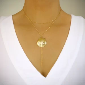 Medium-length 18K gold plated double chain seashell Y-necklace